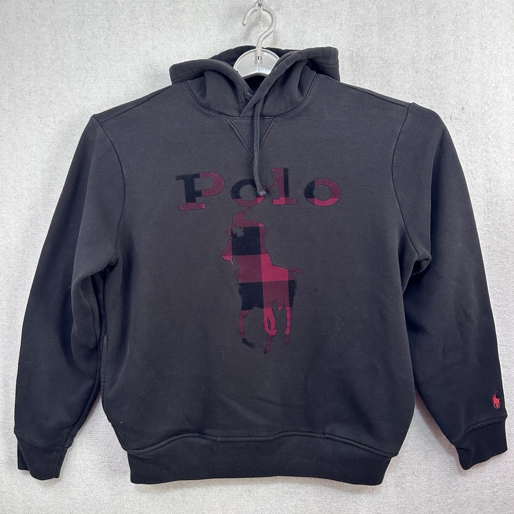 Polo Ralph Lauren Hoodie Men's Large Black Buffalo Plaid Big Pony Logo Pockets